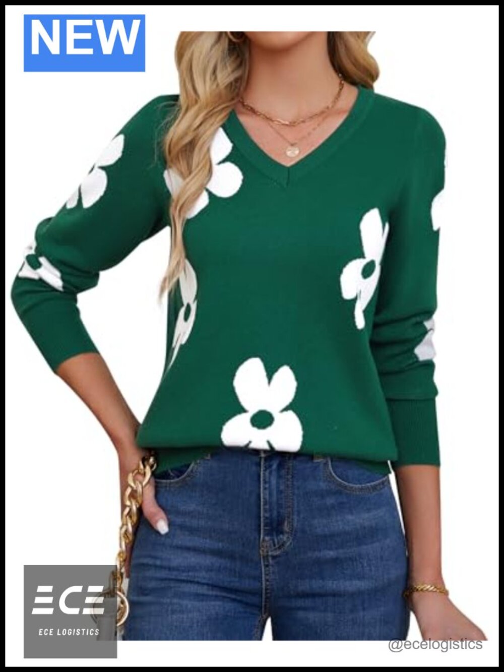 Womens V Neck Knit Sweater Long Sleeve Lightweight Pullover Floral Print